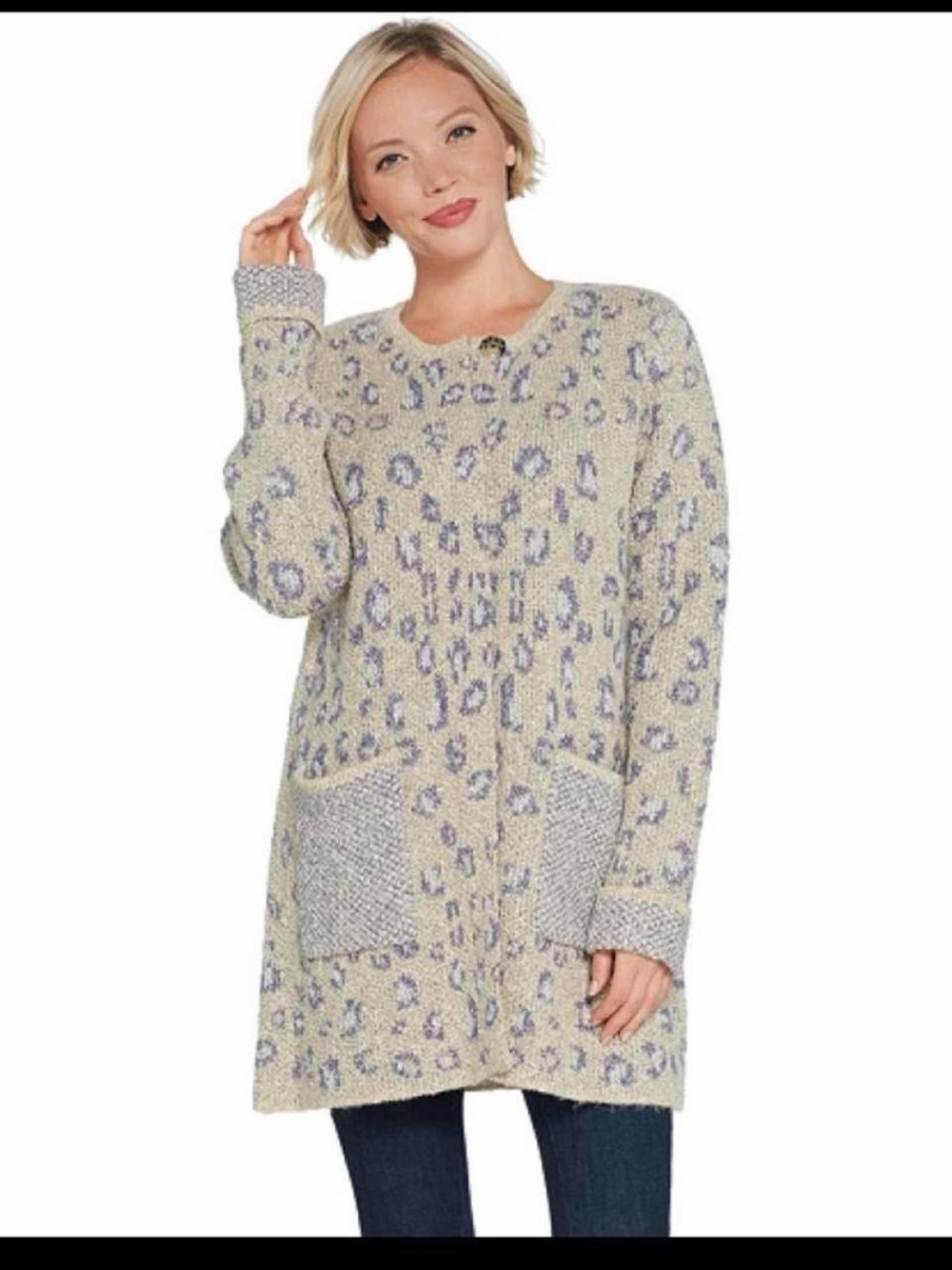 LOGO by Lori Goldstein Leopard Print Long Knit Cardigan - Cream & Lavender